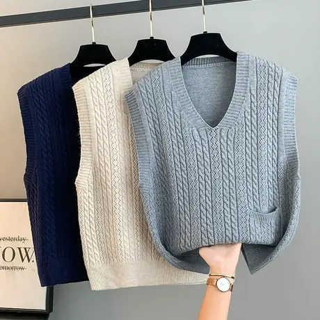 毛衣口袋马甲女背心宽松慵懒风春秋外穿搭V领薄款针织衫复古麻花图片
