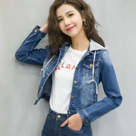 牛仔外套女短款修身韩版新款显瘦弹力长袖春秋牛仔服上衣大码带帽商品大图