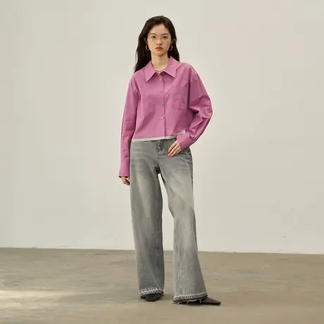 omont蛋挞家 复古撞色长袖衬衫女2023秋季新款别致宽松短款衬衣商品大图