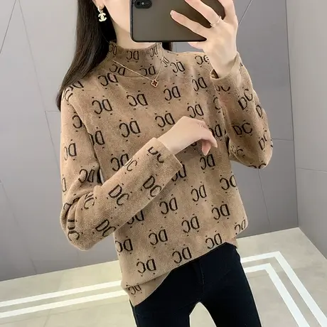 毛衣女2023年秋冬珊瑚绒字母套头针织衫修身加厚半高领打底衫女商品大图