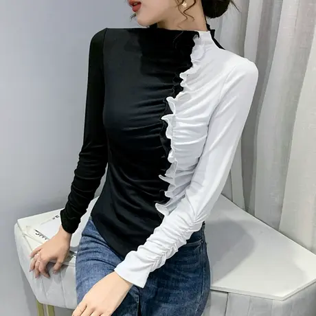 不规则拼色T恤女装设计感小众洋气上衣紧身内搭打底衫女长袖春秋商品大图