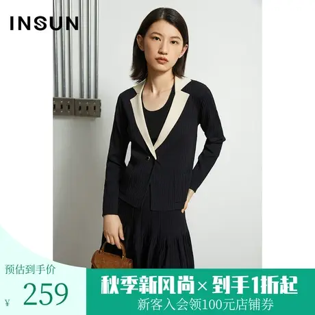 恩裳春秋季时尚气质撞色翻领压褶毛针织衫女图片