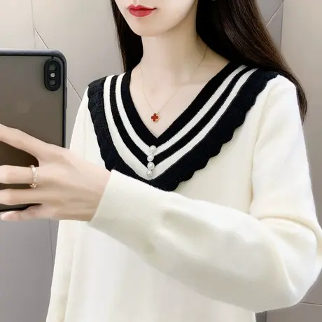 v领毛衣女2023冬季新款爆款时尚减龄木耳边针织打底衫宽松百搭女商品大图