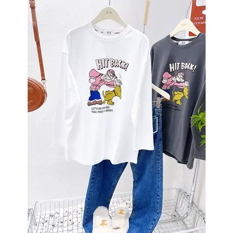 韩国东大门长袖上衣2023春季新款复古卡通圆领T恤中长款遮臀大码商品大图