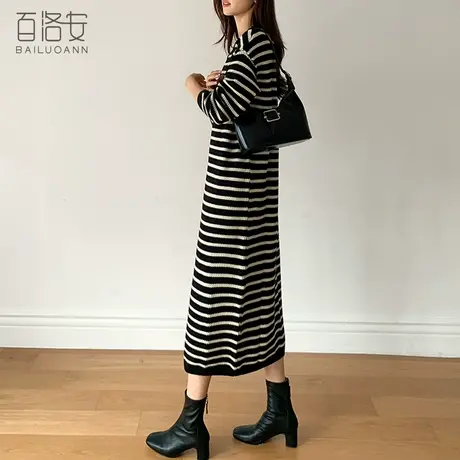 百洛安宽松休闲条纹针织连衣裙女2023秋新长款过膝打底毛衣长裙子图片