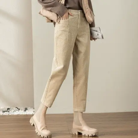 卡其色灯芯绒裤子女秋冬2023新款条绒裤九分加绒女裤老爹裤哈伦裤商品大图