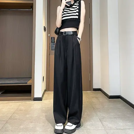 黑色西装阔腿裤女2023年春季新款高腰垂感直筒宽松百搭休闲拖地裤图片