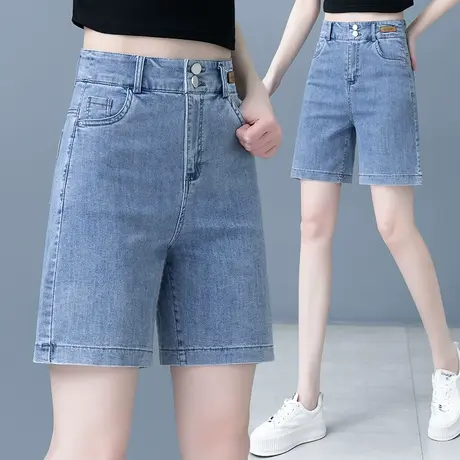 蓝色大码牛仔五分裤夏2023新款A字高腰直筒短裤百搭休闲阔腿中裤商品大图