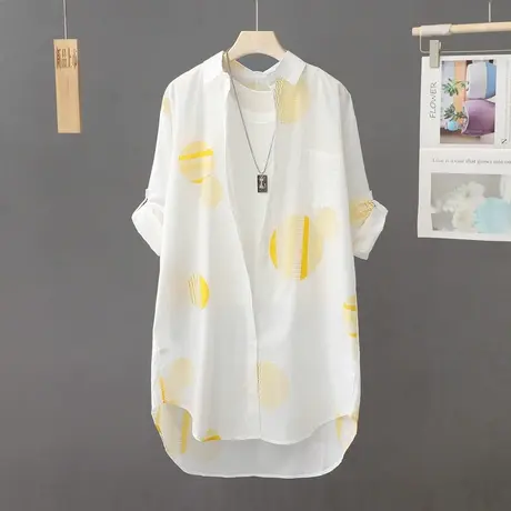韩版印花中长款长袖薄款外套衬衫女夏季外出防晒服宽松防晒衫上衣图片