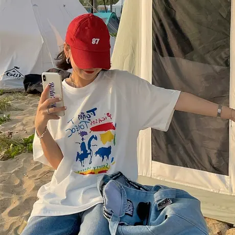 原创涂鸦2023新款韩版夏装纯棉宽松百搭短袖T恤女上衣ins慵懒风商品大图