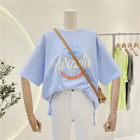 短袖t恤女夏季2021新款韩版ins潮字母印花慵懒风宽松半袖体恤上衣商品大图