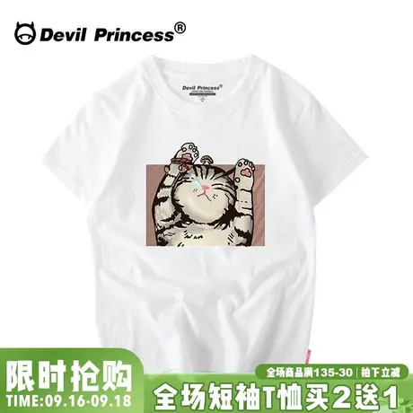 日系简约卡通潮牌个性猫咪印花短袖t恤女宽松chic原宿港风学生t夏商品大图
