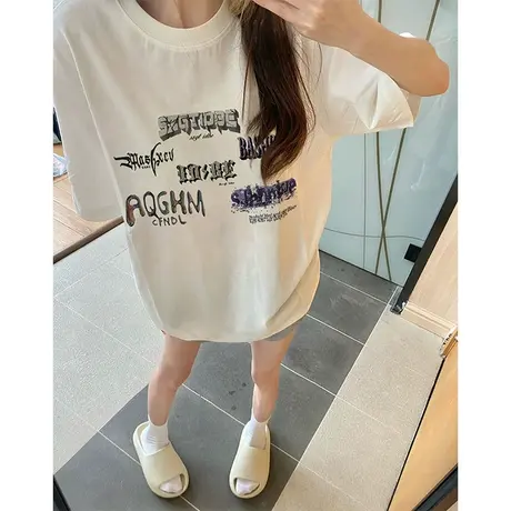 纯棉设计感短袖t恤女夏季新款潮牌小众chic港味宽松半袖上衣体恤商品大图