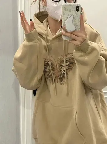 连帽卫衣女春秋薄款oversize潮牌美式复古港风chic宽松外套上衣服图片