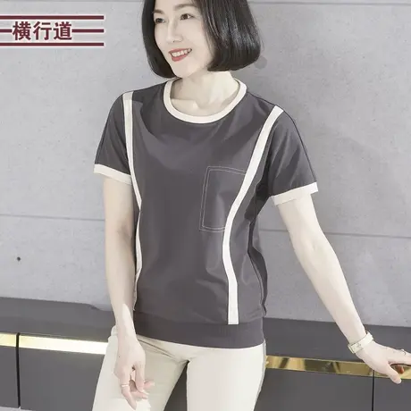 2023年夏季新款简约休闲圆领撞色宽松短袖T恤大码女装外穿上衣服商品大图