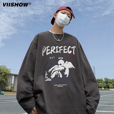 VIISHOW长袖t恤男青少年纯棉秋季潮牌印花圆领上衣学生套头打底衫商品大图