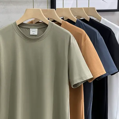 春夏新款40支双面薄款丝光T恤男短袖男士纯色半袖冰丝打底衫体恤商品大图