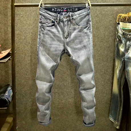 灰色牛仔裤男春秋新款修身弹力小脚裤高端复古休闲百搭裤子ins潮商品大图