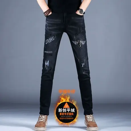 百搭黑色刺绣欧美牛仔裤男2023新款裤子男修身小脚夏季薄高端休闲商品大图