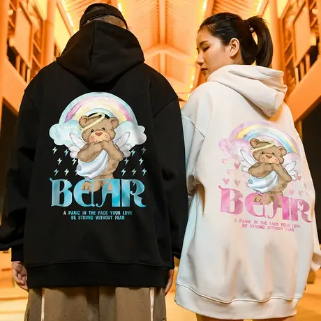 国潮oversize小熊连帽加绒加厚卫衣男潮牌潮流大码秋冬季情侣装款商品大图