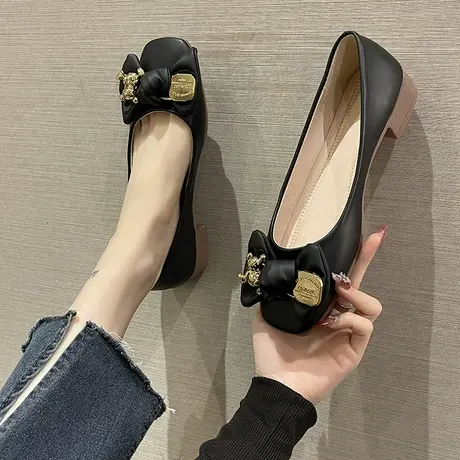 永希单鞋女2023年春季新款蝴蝶结粗跟增高气质女鞋懒人一脚蹬鞋子商品大图