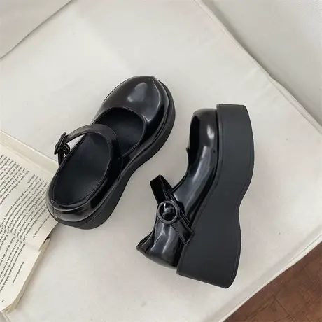 黑色厚底英伦风小皮鞋女2023新款坡跟高跟单鞋小众配裙子玛丽珍鞋图片