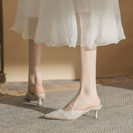 2023年新款夏季包头凉鞋女细跟小香风千鸟格尖头穆勒鞋气质高跟鞋商品大图