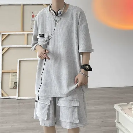 夏季新款套装男休闲运动韩版短袖T恤潮流短裤两件套冰丝一套搭配商品大图