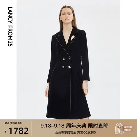朗姿秋季新款黑色收腰上衣通勤气质外套女直筒风衣双排扣商场同款商品大图