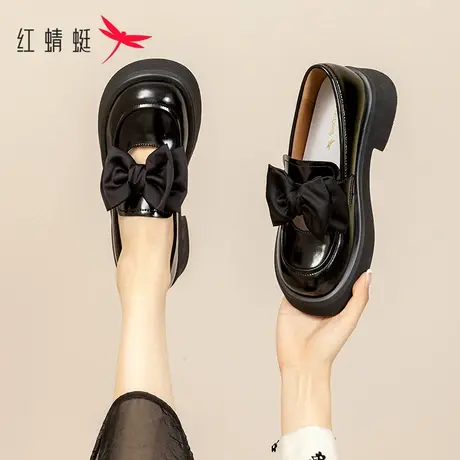 红蜻蜓森系小皮鞋女2023春冬新款配裙子厚底乐福鞋蝴蝶结粗跟单鞋商品大图