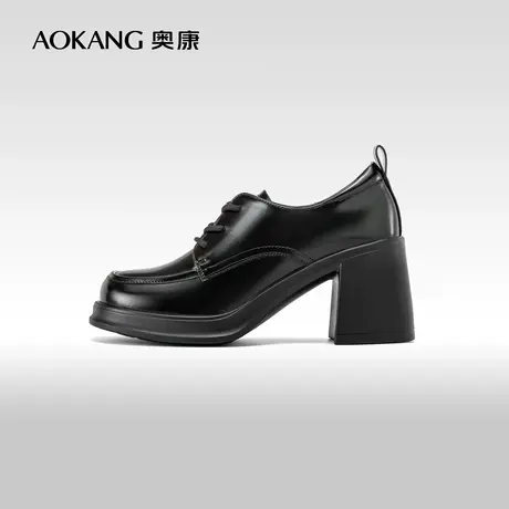 奥康女鞋 春秋季新款黑色高跟乐福鞋方头时尚厚底玛丽珍单鞋图片