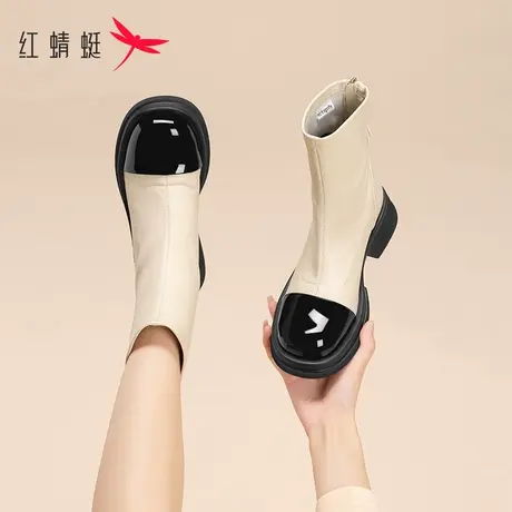 红蜻蜓真皮马丁靴女款2022年新款秋冬季英伦风靴子黑白拼色瘦瘦靴图片