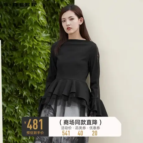 sdeer圣迪奥女装秋装圆领网纱拼接蕾丝不规则衬衫S221Z0514商品大图