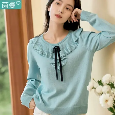 茵曼旗舰店2023春女装新款时尚圆领拼接荷叶边装饰修身针织衫图片