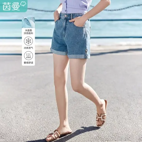 茵曼清新通勤牛仔裤2023夏女装新款中高腰松紧腰小刺绣绣花短裤商品大图