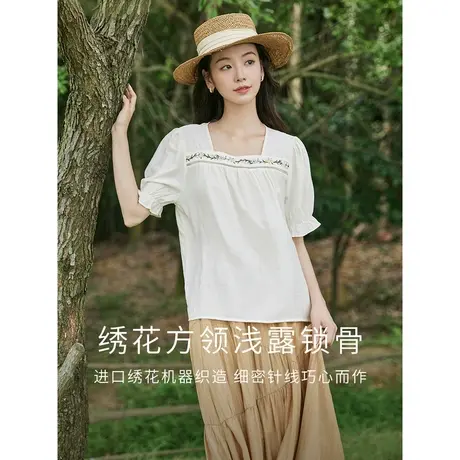 茵曼设计感镂空小花边刺绣胸襟衬衣2023夏女装新款方领宽松薄上衣图片