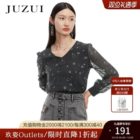 JUZUI玖姿奥莱春秋新款黑色V字领梦幻优雅浪漫烫银印花女雪纺衫商品大图