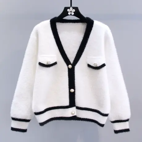 小香风撞色水貂绒毛衣外套女秋冬2023新款宽松高级感气质针织开衫图片