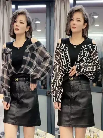 时尚假两件格子衬衫女2023秋季新款露肩设计感宽松拼接圆领上衣潮商品大图