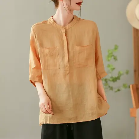 dza 复古双口袋苎麻衬衫女2023夏季薄款套头衬衣休闲宽松棉麻上衣商品大图