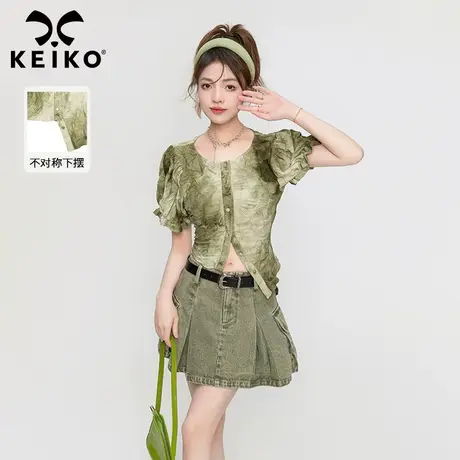 扎染泡泡袖上衣2023夏季不对称设计立体压花别致短袖t恤打底小衫商品大图