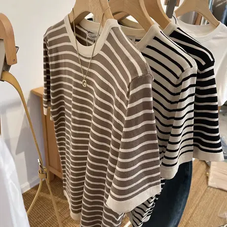 冰丝条纹针织衫女2023春夏新款韩版宽松圆领套头短袖百搭洋气上衣商品大图