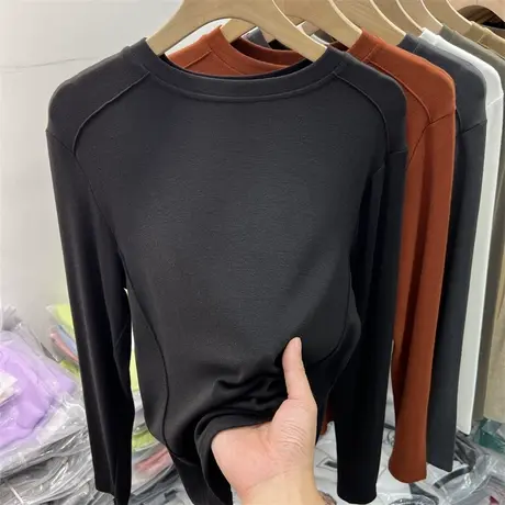 白色打底衫女内搭秋冬季新款长袖正肩t恤女加绒加厚德绒修身上衣商品大图