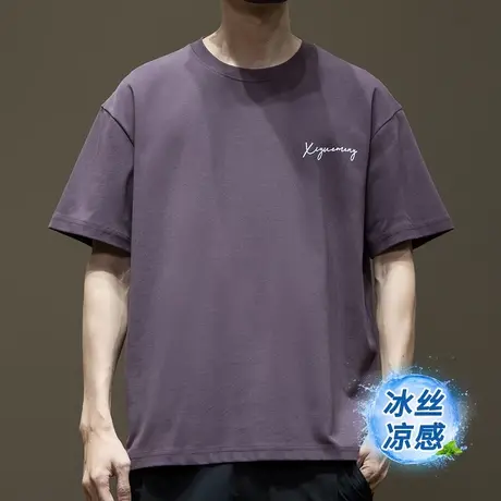 凉感冰丝棉短袖男款t恤春夏季美式潮牌紫色圆领半袖衫胖子加大码图片
