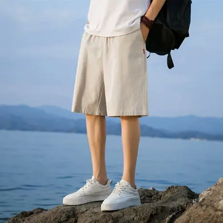 棉麻裤男士亚麻裤夏季纯棉五分裤男款休闲中裤卡其色裤子男生短裤商品大图