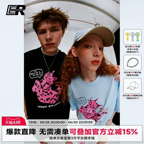 ER卡通猫猫印花圆领短袖T恤2025夏季潮牌原创小众设计情侣装上衣商品大图