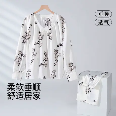 茜施尔新款睡衣套装女长袖长裤v领显瘦大码碎花透气家居服内衣S商品大图