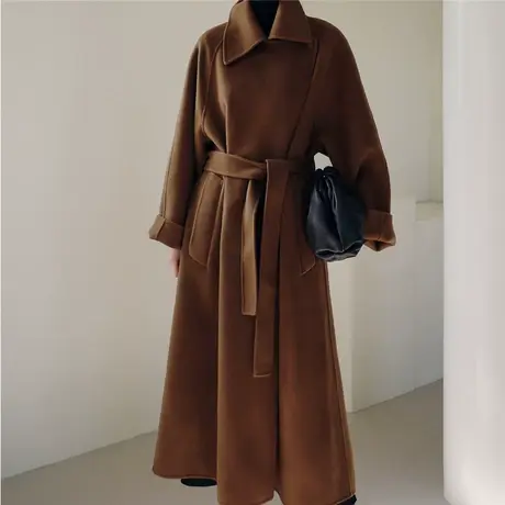 秋冬新款赫本风森系女中长款宽松大码韩版外套系带气质呢子大衣潮商品大图