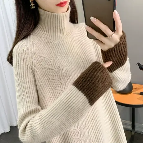 拼色插肩袖高领毛衣女2023冬季新款韩版加厚宽松竖条纹针织打底衫商品大图