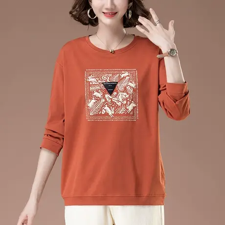 长袖T恤女春秋新款宽松加大码女装中年妈妈休闲印花显瘦薄款卫衣图片